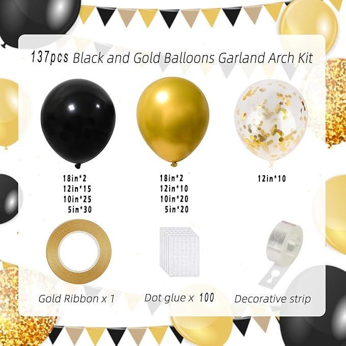 Black Gold Balloon Arch Kit 137pcs with Confetti for Birthday Wedding Party