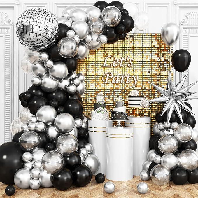 Black Silver Disco Balloon Arch Kit with Star Balloons for Birthday Graduation Party