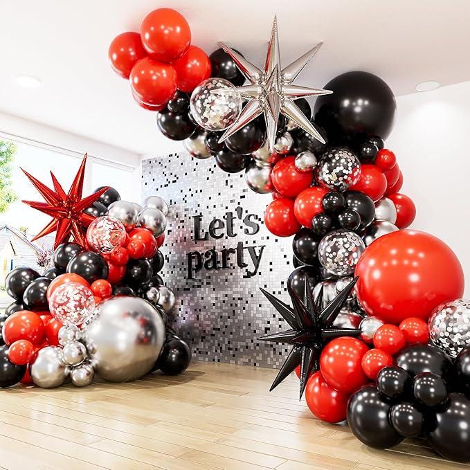 Red Black Balloon Arch Kit 131pcs with Confetti Star Balloons for Party Decor