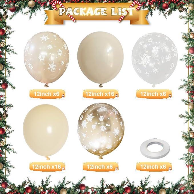 Snowflake Winter Wonderland Balloon Set Beige Gold White Neutral Boho Party Decorations