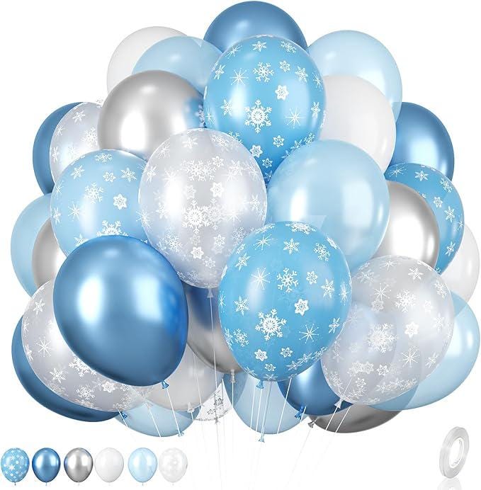 Snowflake Balloons 12 Inch Blue White Metallic Winter Wonderland Party Decorations