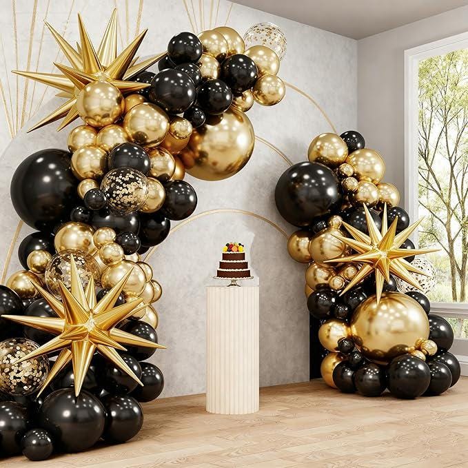 Black Gold Balloon Garland Arch Kit 135pcs with Star Confetti Balloons for Party Decor
