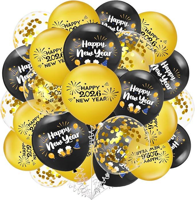 Black Gold Balloons 60pcs with Gold Confetti for New Year 2026 Party Decor