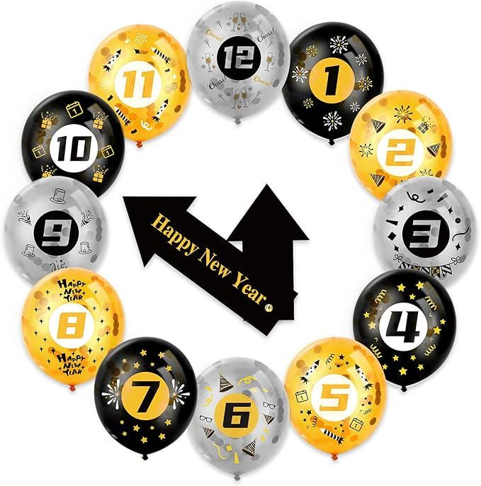 New Year Eve Decor Kit Clock Countdown Balloons Black Gold Silver Confetti 2026