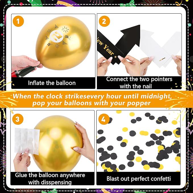 New Year Eve Decor Kit Clock Countdown Balloons Black Gold Silver Confetti 2026