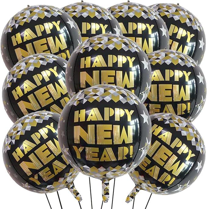 Happy New Year 4D Round Balloons, Metallic Foil Decor (10 Pcs)