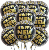 Happy New Year 4D Round Balloons, Metallic Foil Decor (10 Pcs)