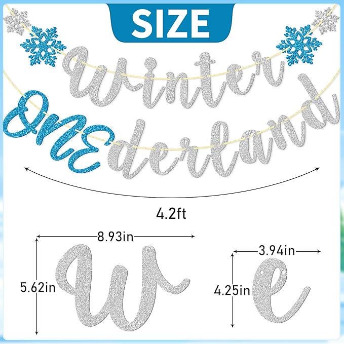Winter Onederland Banner for 1st Birthday Party with Blue Silver Snowflakes