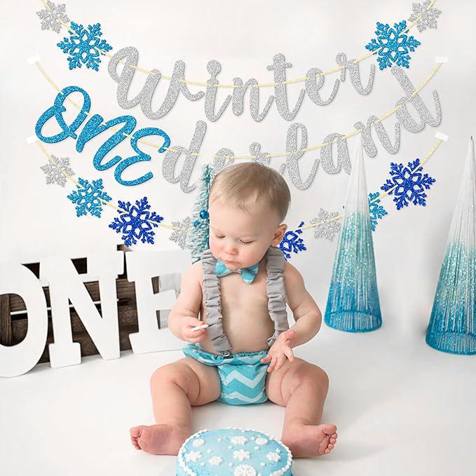 Winter Onederland Banner for 1st Birthday Party with Blue Silver Snowflakes