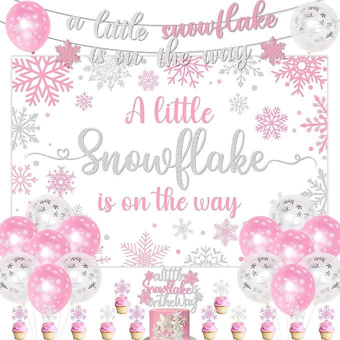 Winter Baby Shower Banner and Pink Silver Snowflake Decorations for Girls