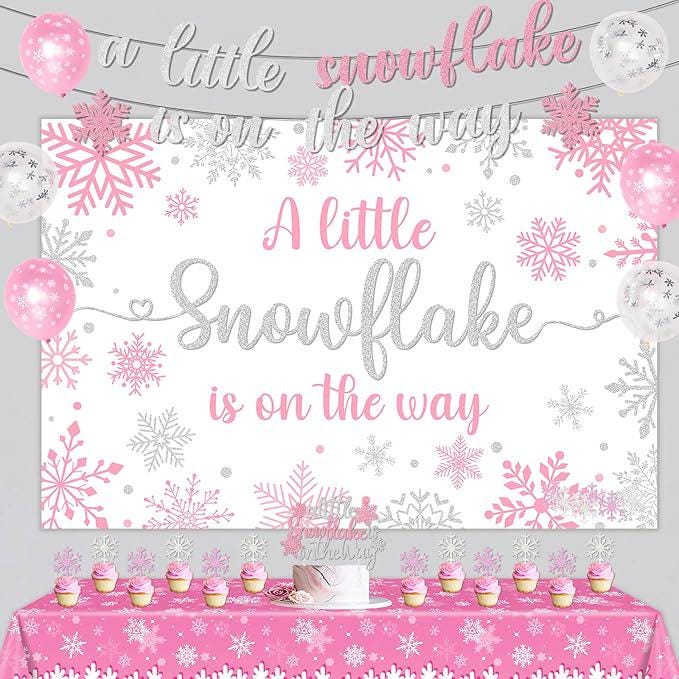 Winter Baby Shower Banner and Pink Silver Snowflake Decorations for Girls