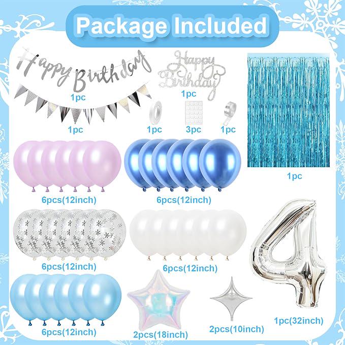 4th Snow Birthday Decorations for Girls with Blue Purple Balloons and Banner