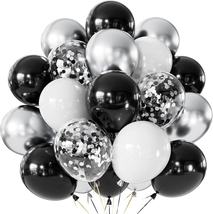 60-Pc Black Silver White Confetti Balloons for New Year Christmas and Party Decor