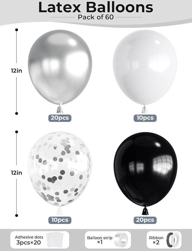 60-Pc Black Silver White Confetti Balloons for New Year Christmas and Party Decor