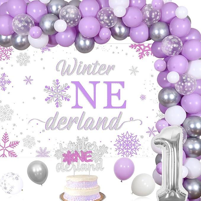 Winter Onederland 1st Birthday Decorations for Girls with Purple Snowflake Balloon Garland