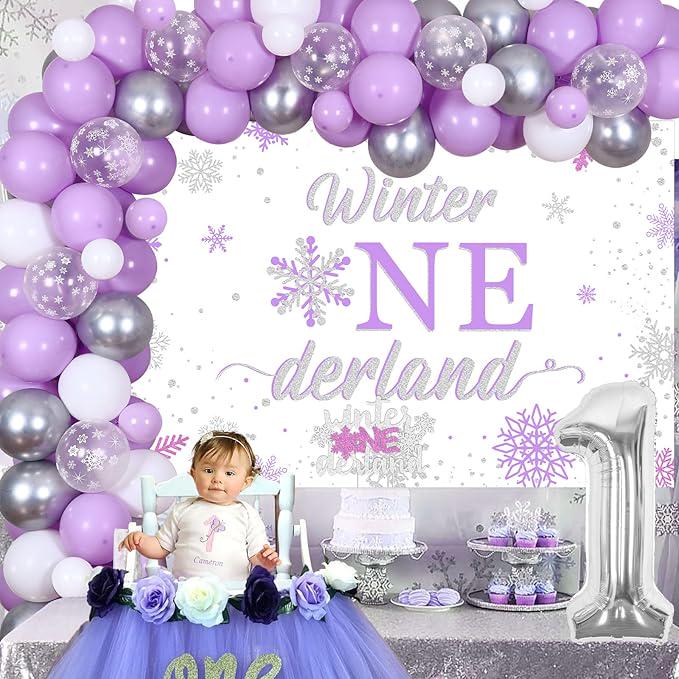 Winter Onederland 1st Birthday Decorations for Girls with Purple Snowflake Balloon Garland