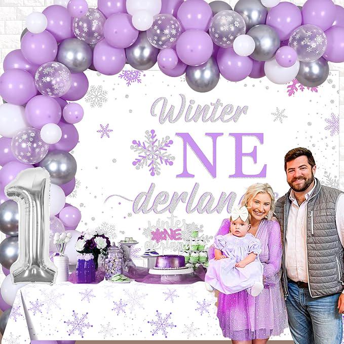 Winter Onederland 1st Birthday Decorations for Girls with Purple Snowflake Balloon Garland