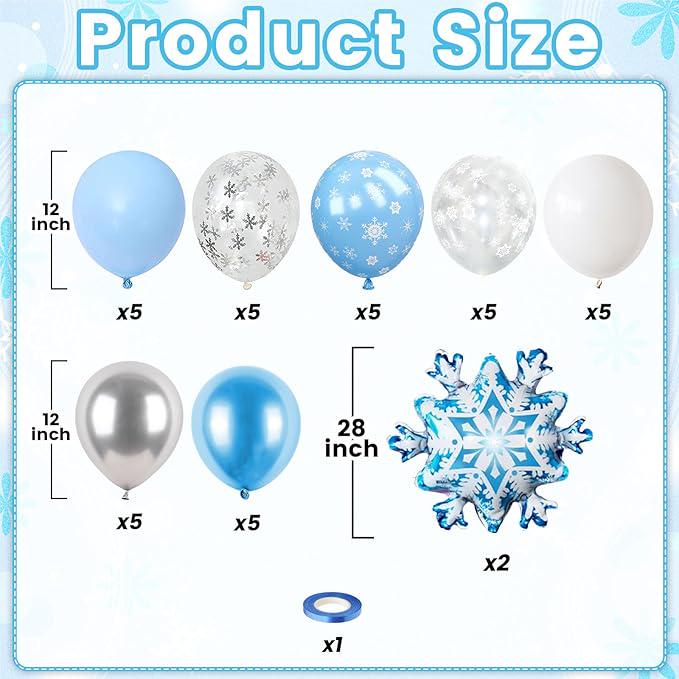 12 Inch Snowflake Balloons in Blue Silver White for Winter Birthday and Baby Shower