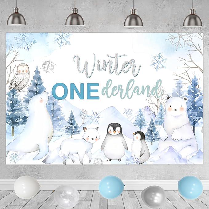 Winter Onederland 1st Birthday Decorations with Polar Animals Blue Silver Balloons and Banner