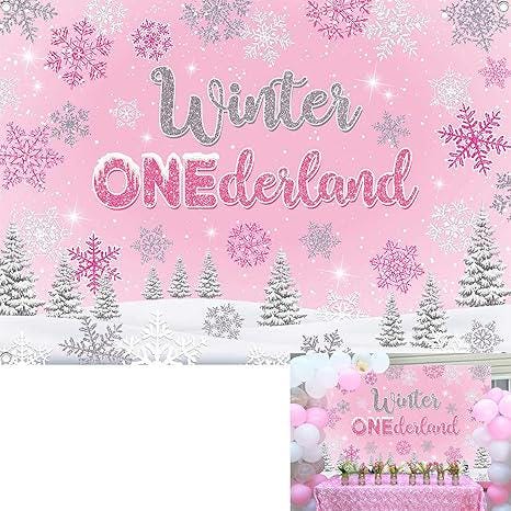 Winter Onederland Backdrop Pink Silver Snowflakes for Girls 1st Birthday Party Photos