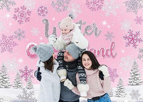 Winter Onederland Backdrop Pink Silver Snowflakes for Girls 1st Birthday Party Photos