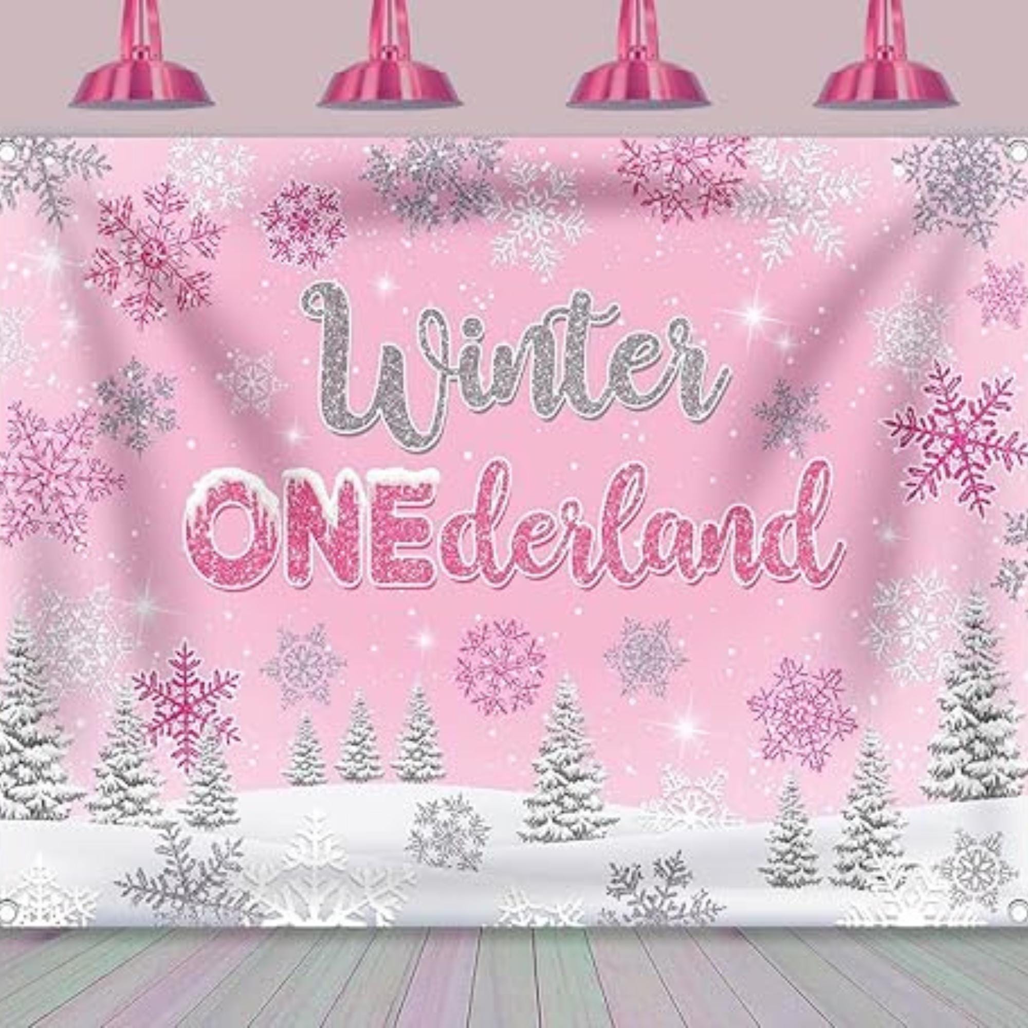 Winter Onederland Backdrop Pink Silver Snowflakes for Girls 1st Birthday Party Photos