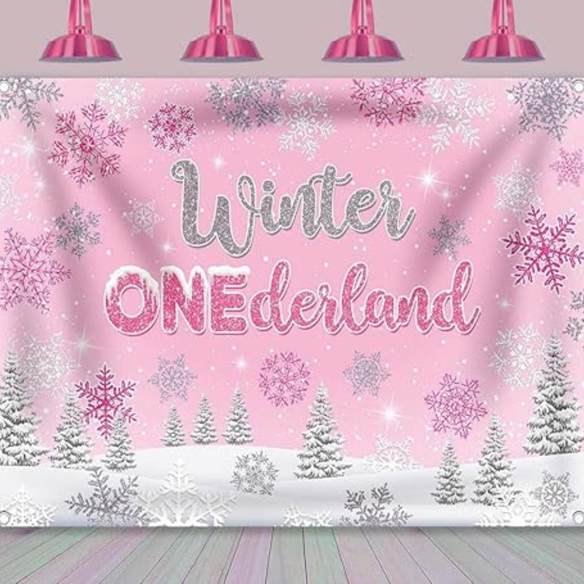 Winter Onederland Backdrop Pink Silver Snowflakes for Girls 1st Birthday Party Photos