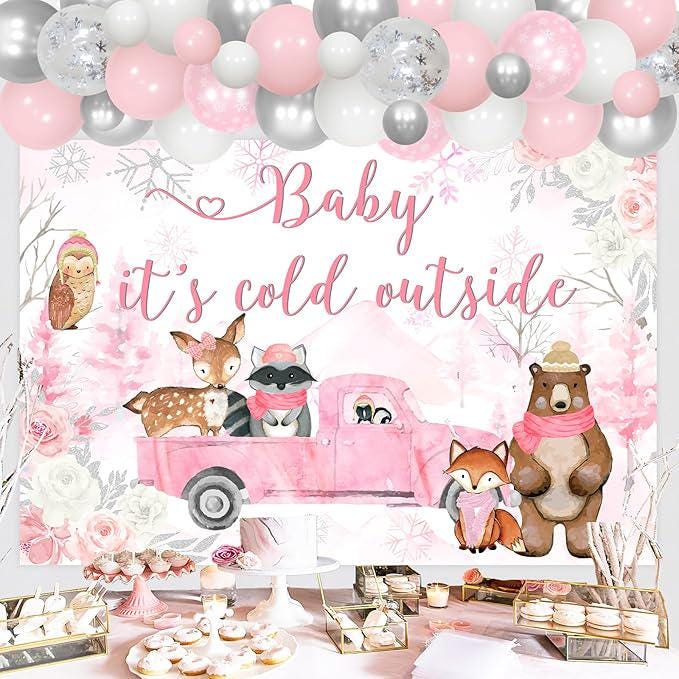 Winter Woodland Baby Shower Decorations with Pink White Silver Balloon Arch and Forest Theme