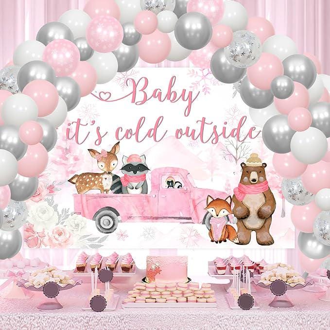 Winter Woodland Baby Shower Decorations with Pink White Silver Balloon Arch and Forest Theme