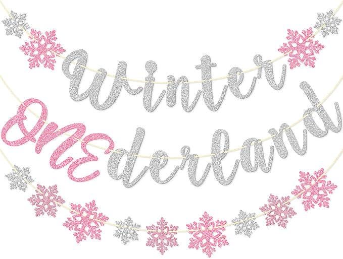 Winter Onederland Banner with Pink Silver Glitter Snowflakes for Girl's 1st Birthday