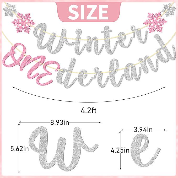 Winter Onederland Banner with Pink Silver Glitter Snowflakes for Girl's 1st Birthday