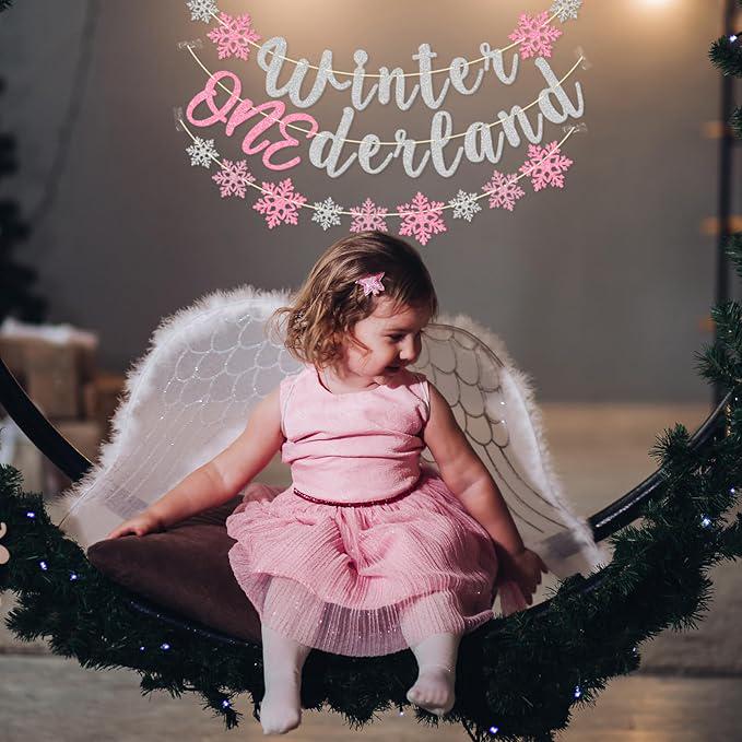Winter Onederland Banner with Pink Silver Glitter Snowflakes for Girl's 1st Birthday