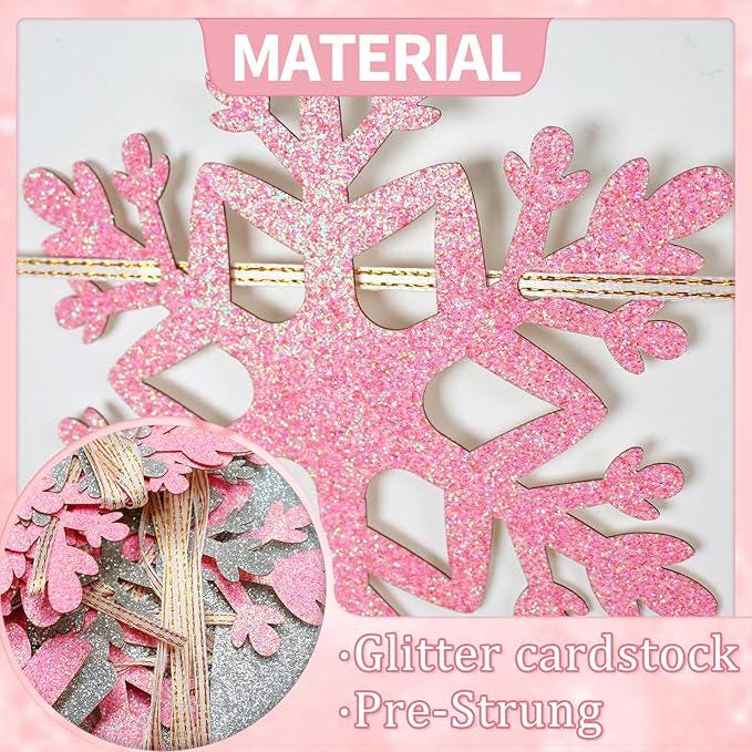 Winter Onederland Banner with Pink Silver Glitter Snowflakes for Girl's 1st Birthday