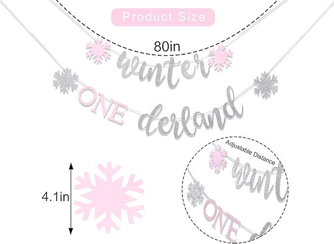Winter Onederland Banner Pink Silver Snowflake Decoration for Winter Wonderland Party