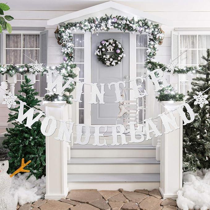 Silver Glitter Snowflake Banner for Winter Wonderland Baby Shower and Birthday Party