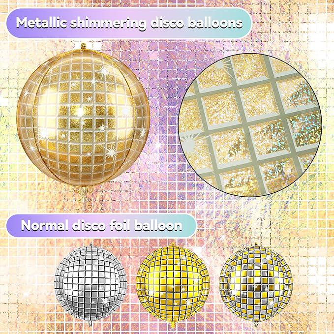 6 Pcs 22 Inch Gold Disco Ball Balloons 4D Foil Decor for Retro Party