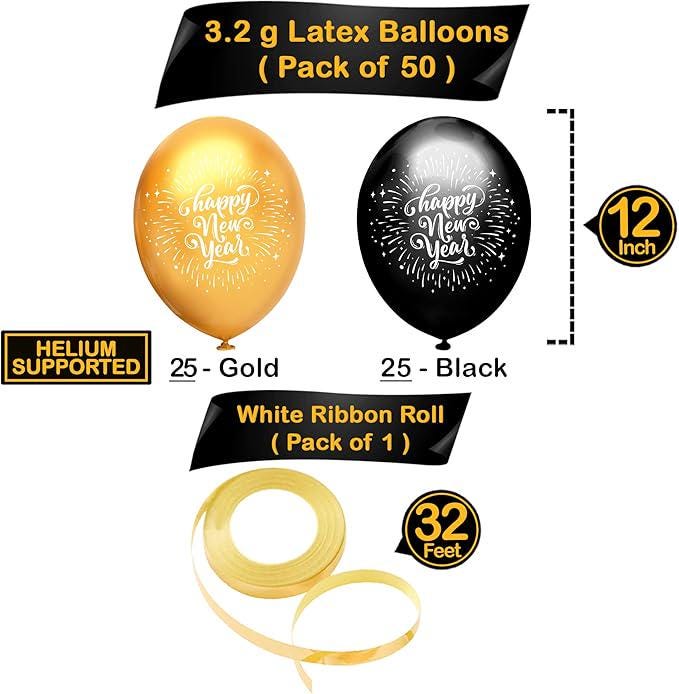 Black & Gold New Year's Eve Balloons, 2026 Party Decorations (50 Pack)