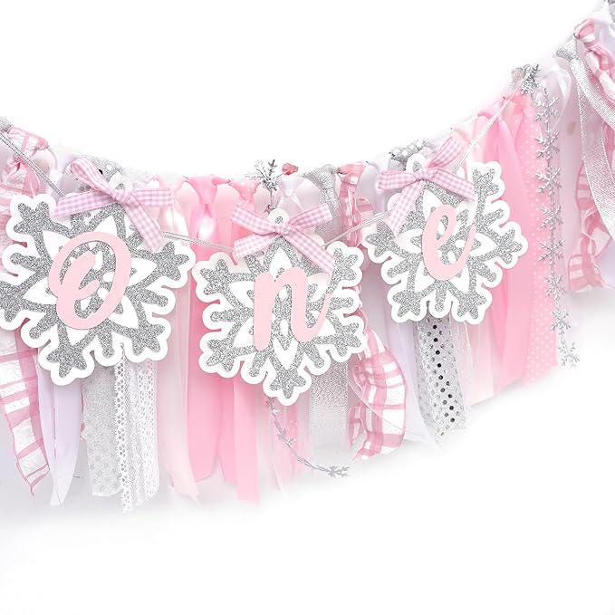 Winter Onederland High Chair Banner Pink Snowflake for Girl's 1st Birthday Party