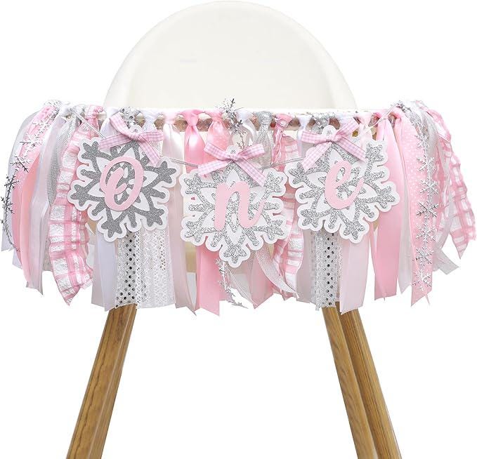 Winter Onederland High Chair Banner Pink Snowflake for Girl's 1st Birthday Party