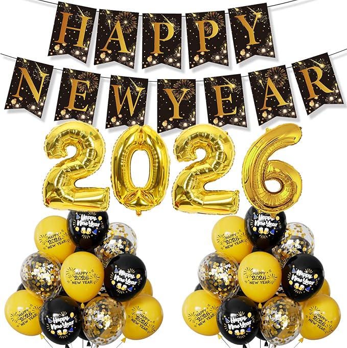 Happy New Year Decorations 2026 Party Supplies Kit with Banner Balloons and Props