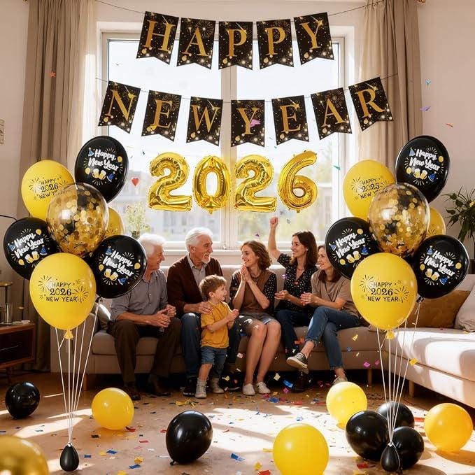 Happy New Year Decorations 2026 Party Supplies Kit with Banner Balloons and Props