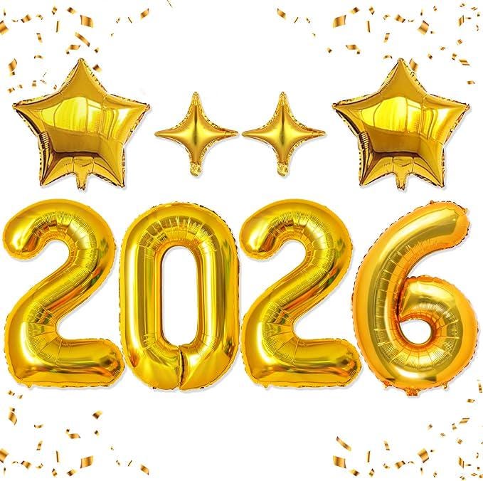 2026 Gold Number Balloons with Star Accessories – New Year Party Decor