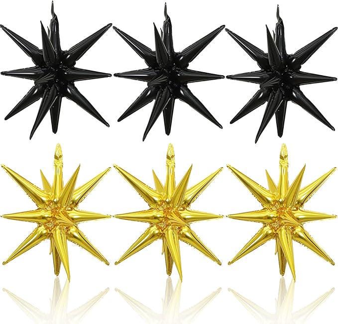Black and Gold Star Foil Balloons, Party Decorations (6 Pcs)