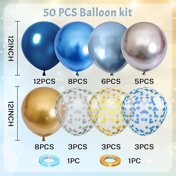 Blue Gold Silver Balloons 50 Pack 12 Inch Metallic Birthday Party Decoration