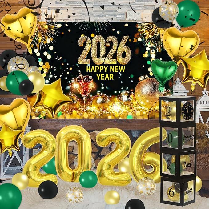 2026 Happy New Year Eve Party Decorations Set Black Gold Balloons Backdrop