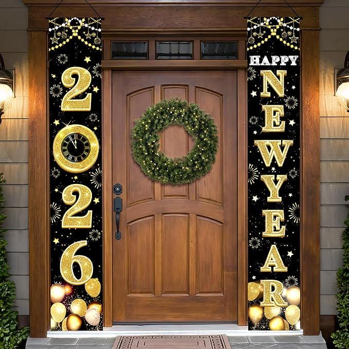 XL 2026 Happy New Year Banner Black Gold Door Decor for Office Home Party