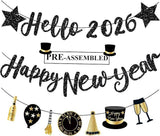 Happy New Year Banner 2026 Black Glitter Pre Strung Sign for NYE Party Supplies