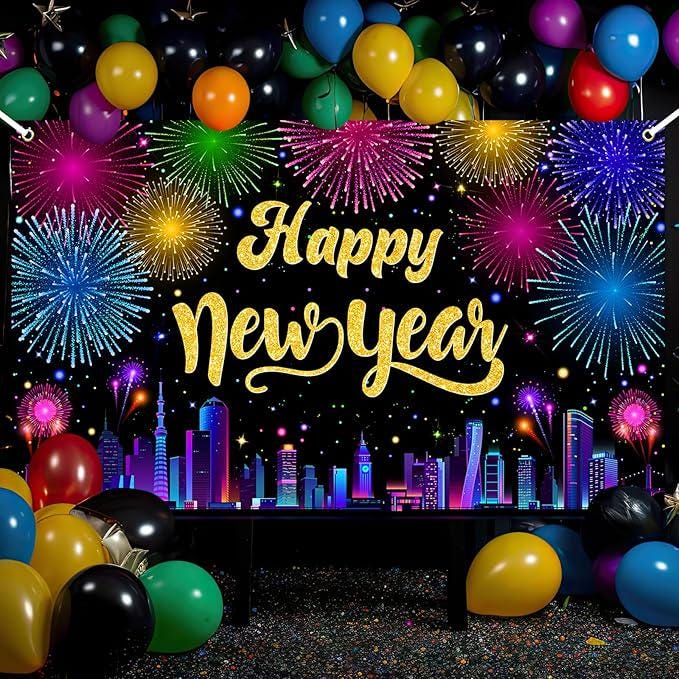 2026 Happy New Year Banner Multicolor Fireworks Cityscape Backdrop for NYE Party