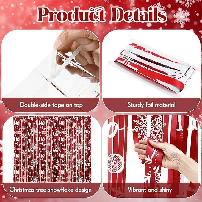 Christmas Snowflake Tinsel Backdrop 4 Pack 3.3x6.6ft Red & White Party Decor