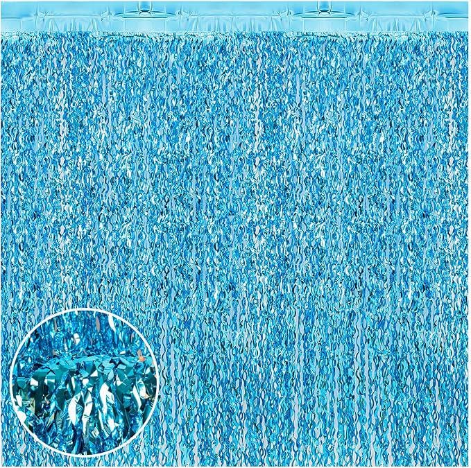 Teal Blue Tinsel Backdrop 4 Pack Wavy Foil Curtains for Underwater Party Decor